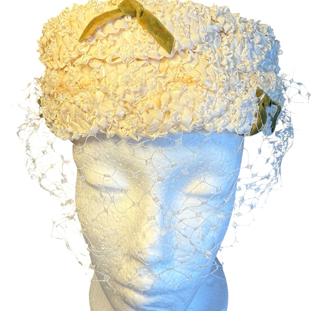 Vintage Cream Floral Hat with Green Bow